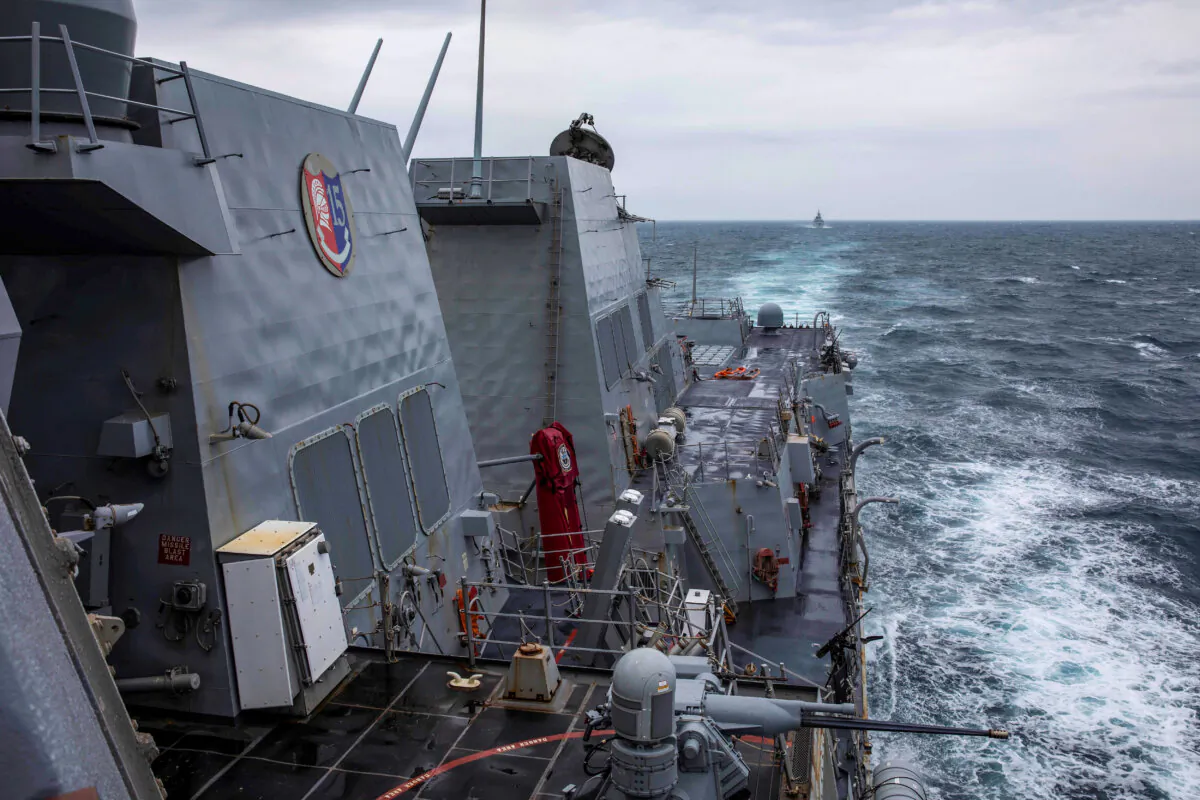 The Arleigh Burke-class guided-missile destroyer USS Ralph Johnson (DDG 114) conducts routine underway operations in the Taiwan Strait, on Sept. 9, 2023. (Mass Communication Specialist 1st Class Jamaal Liddell/U.S. Navy via AP)