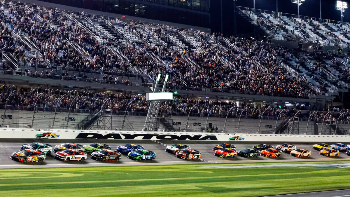 Chase Briscoe (19) far left, and Ryan Preece, second from left, lead the field to start the first of two NASCAR Daytona 500 qualifying auto races at Daytona International Speedway in Daytona Beach, Fla., on Feb. 13, 2025. (Terry Renna/AP Photo)