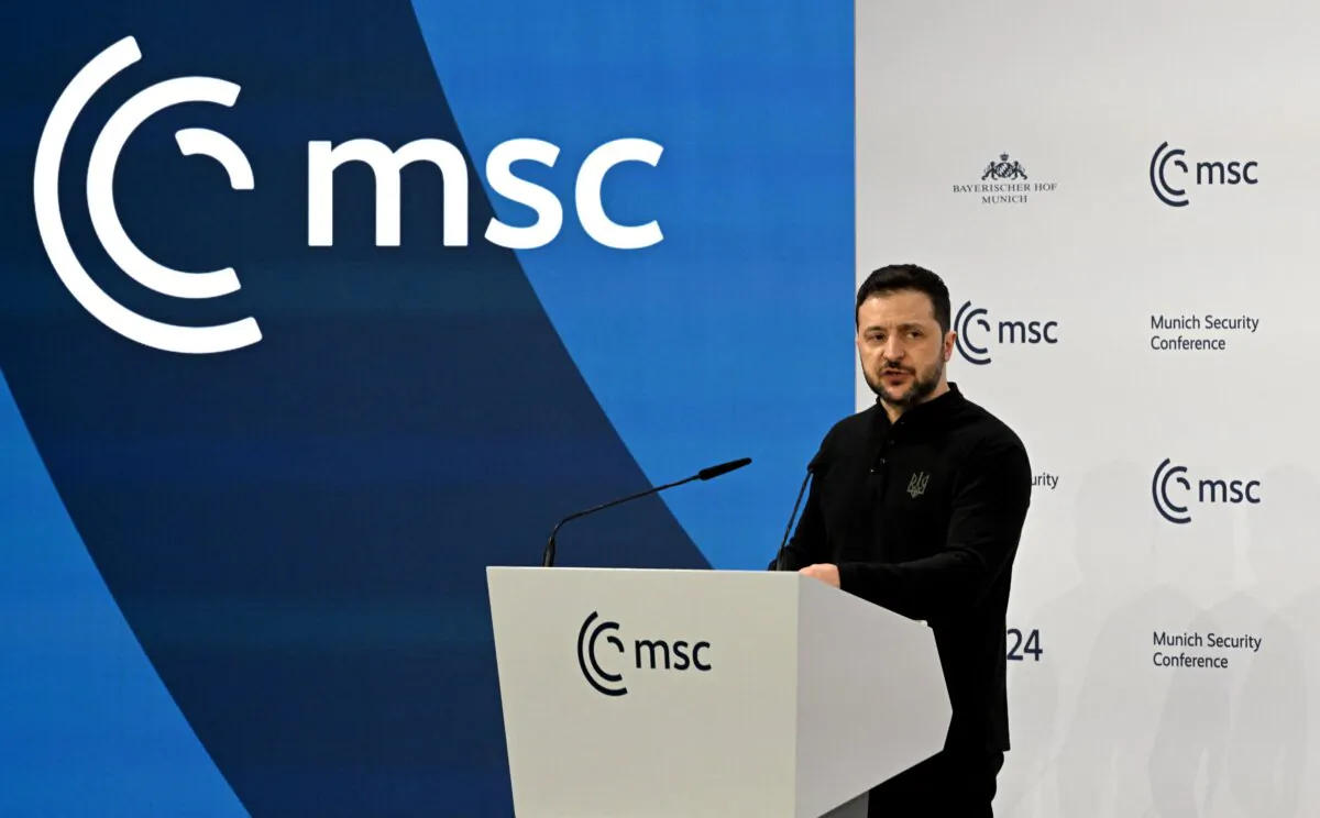 Ukrainian President Volodymyr Zelenskyy gives a speech during the 61st Munich Security Conference in Munich on Feb. 15, 2025. (Thomas Kienzle/AFP via Getty Images)