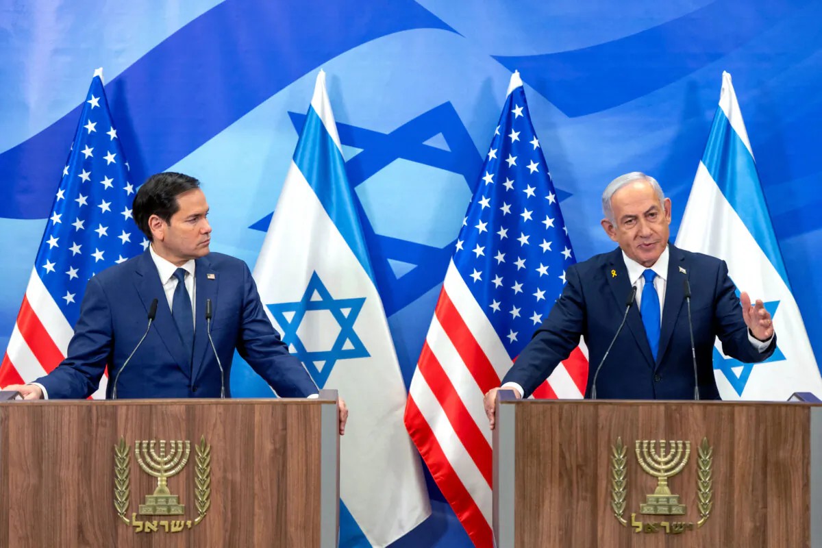 U.S. Secretary of State Marco Rubio (L) and Israeli Prime Minister Benjamin Netanyahu make a joint statement to the media at the prime minister's office in Jerusalem on Feb. 16, 2025. (Ohad Zwigenberg /Pool/AFP via Getty Images)