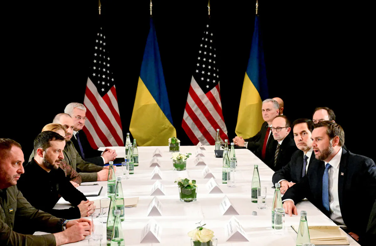 U.S. Vice President JD Vance (R), U.S. Secretary of State Marco Rubio (2nd R) and Ukrainian President Volodymyr Zelenskyy (2nd L) meet on the sidelines of the 61st Munich Security Conference (MSC) in Munich, southern Germany, on Feb. 14, 2025. (Tobias Schwarz/AFP via Getty Images)