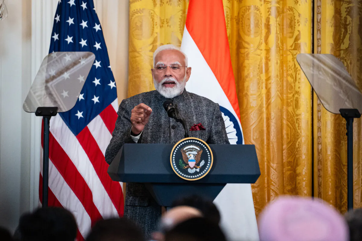 Indian Prime Minister Narendra Modi speaks during a visit to the White House in Washington on Feb. 13, 2025. (Madalina Vasiliu/The Epoch Times)