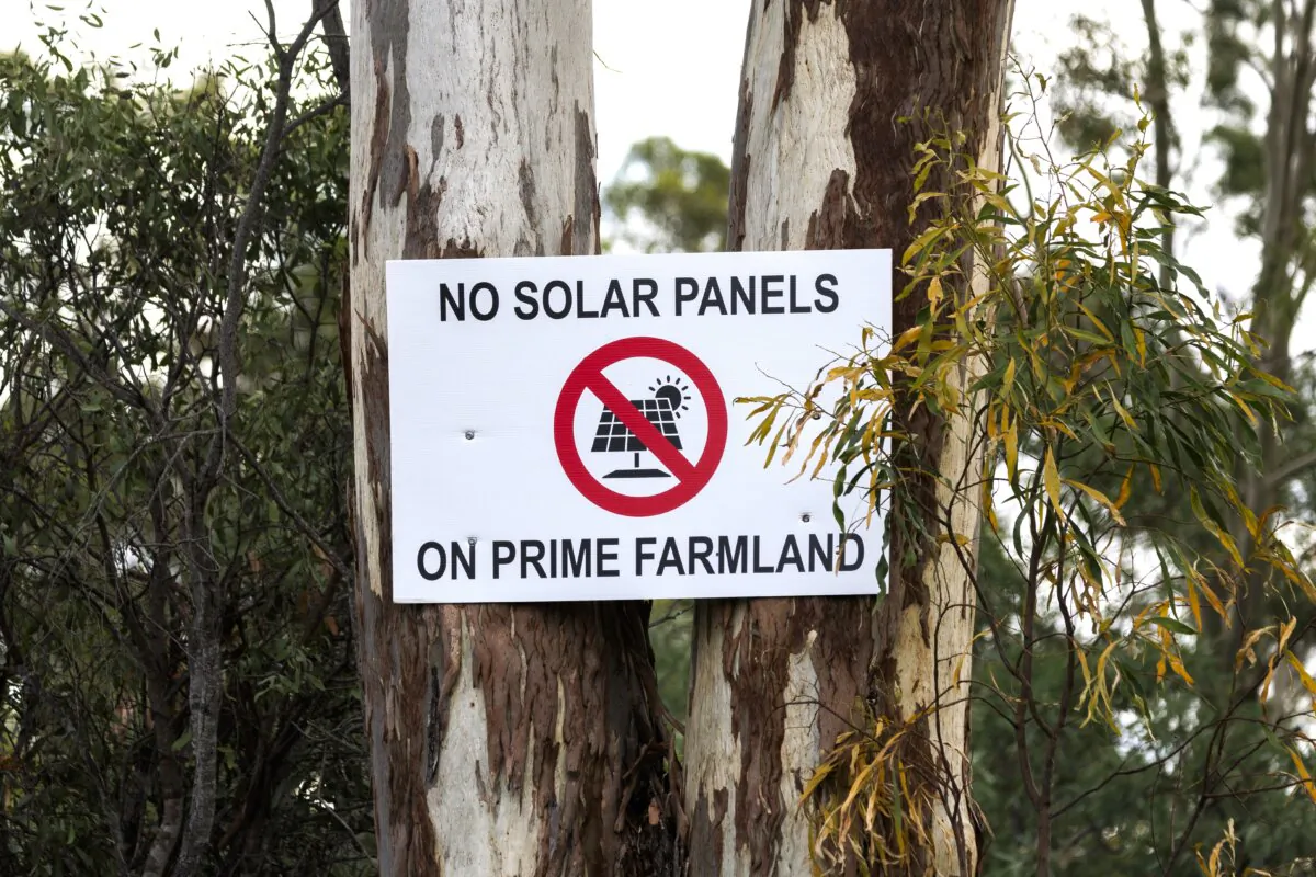 A sign opposing renewable energy development on a local farm at Biloela in Queensland, Australia on Jan. 19, 2025. (Brook Mitchell/Getty Images)