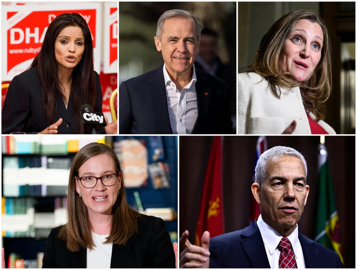 Liberal leadership contenders. Top row (L-R): former Liberal MP Ruby Dhalla; former Bank of Canada governor Mark Carney; former Deputy Prime Minister and Minister of Finance Chrystia Freeland. Bottom row (L-R): former Liberal MP Frank Baylis; former Government House Leader Karina Gould; Liberal MP Jaime Battiste. (The Canadian Press/HO; Jason Franson; Justin Tang; HO; Patrick Doyle; Justin Tang)