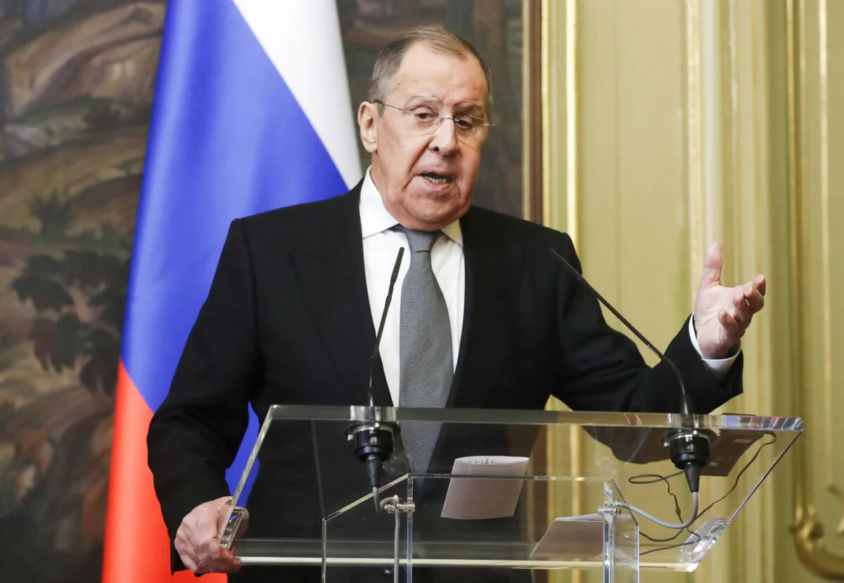 Russian Foreign Minister Sergei Lavrov at a press conference in Moscow on Feb. 27, 2024. (Maxim Shipenkov /POOL / AFP via Getty Images)