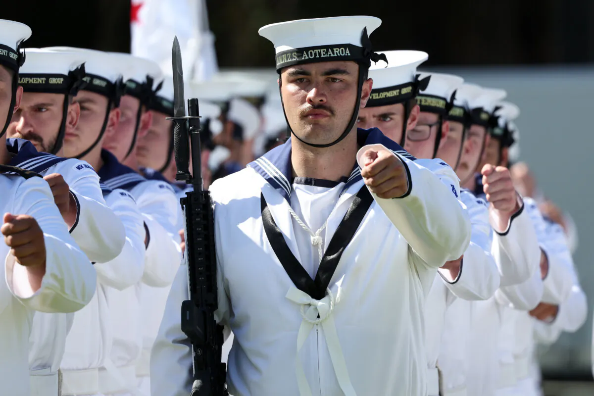 Royal New Zealand Navy personal perform during Beat the Retreat at the Waitangi Treaty Grounds in Waitangi, New Zealand on Feb. 5, 2025. (Fiona Goodall/Getty Images)