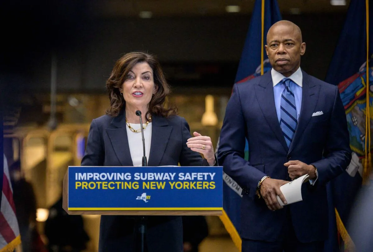 New York Gov. Kathy Hochul and New York mayor Eric Adams (R) make an announcement on subway safety during a press conference at Fulton Transit Center in New York on Jan. 27, 2023. (Angela Weiss/AFP via Getty Images)