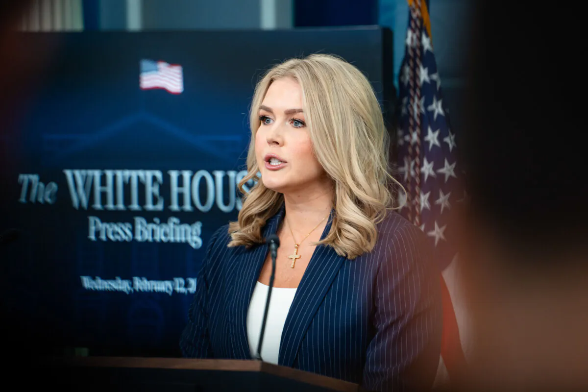 White House Press Secretary Karoline Leavitt speaks during a press briefing at the White House on Feb. 12, 2025. (Madalina Vasiliu/The Epoch Times)