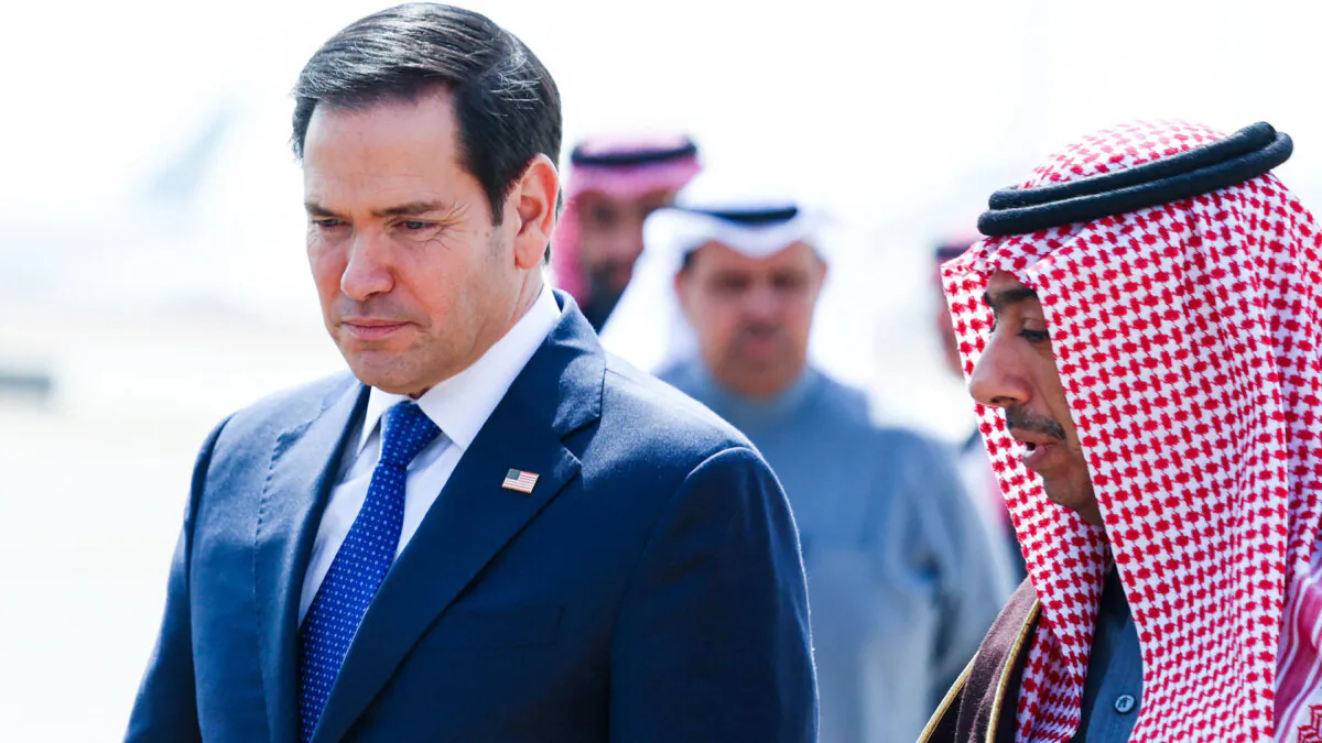 U.S. Secretary of State Marco Rubio is received by Saudi Arabian Deputy Minister for Protocol Affairs Abdulmajeed al-Smari upon arrival at King Khalid International Airport in Riyadh on Feb. 17, 2025. (Evelyn Hockstein/AFP via Getty Images) 