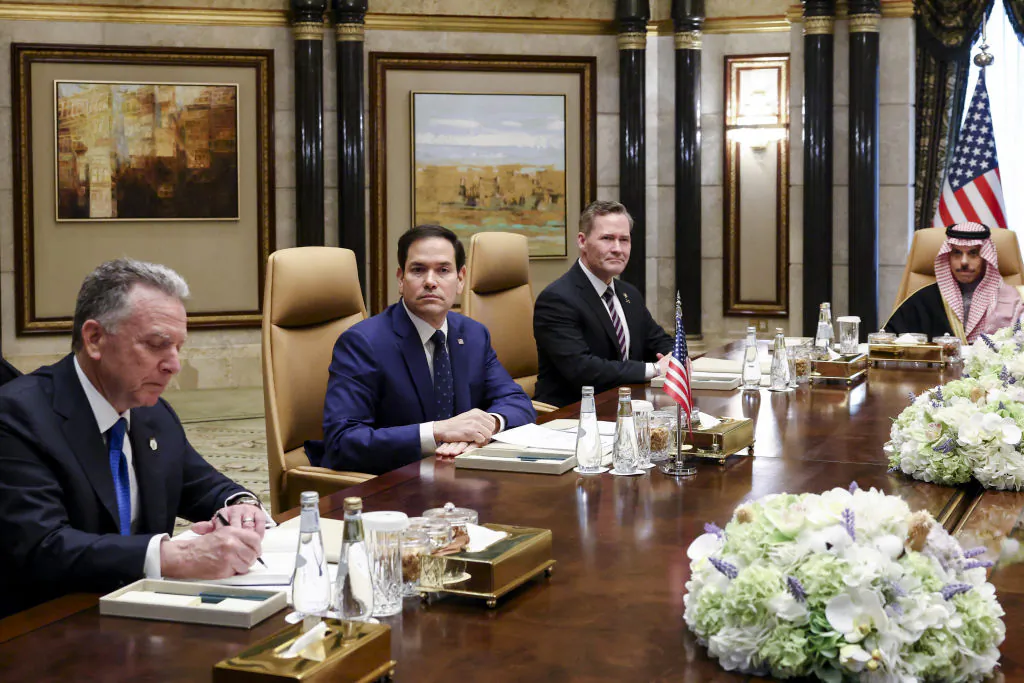 U.S. Middle East envoy Steve Witkoff (L), Secretary of State Marco Rubio (C), and national security adviser Mike Waltz (2nd R) attend a meeting with Saudi Arabian Foreign Minister Prince Faisal bin Farhan al-Saud (R) and a Russian delegation at the Diriyah Palace in Riyadh, Saudi Arabia, on Feb. 18, 2025. (Evelyn Hockstein/AFP via Getty Images)