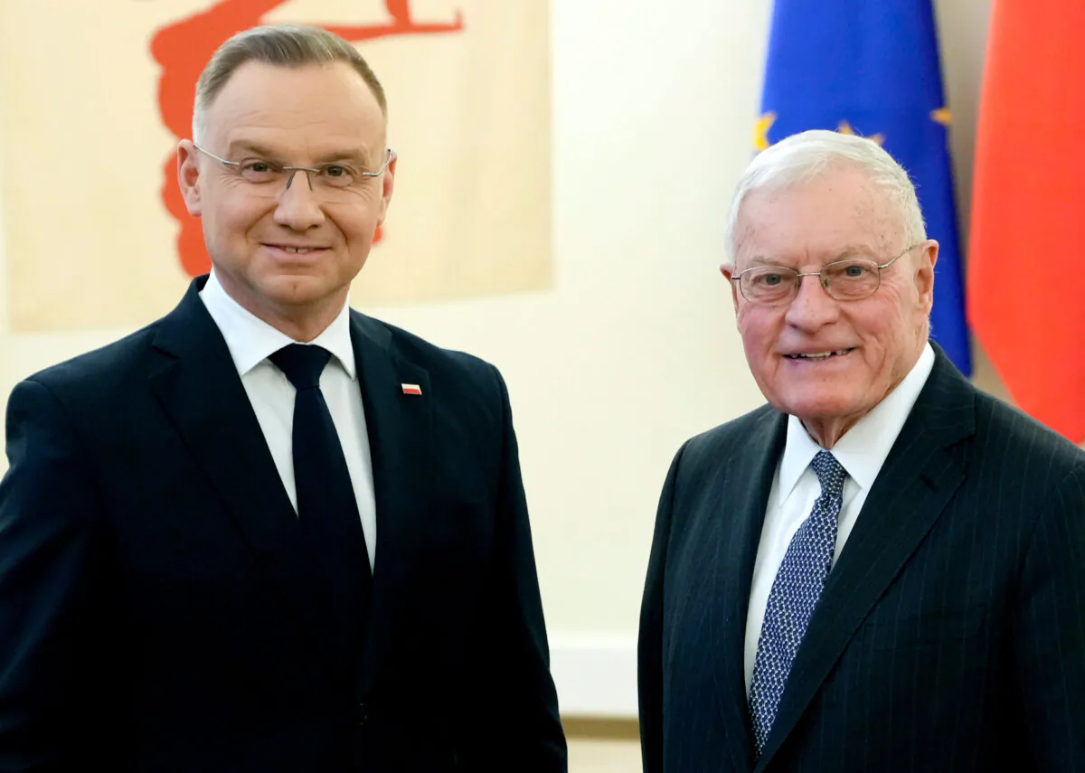 Poland's President Andrzej Duda (L) greets U.S. envoy to Ukraine, Keith Kellog, ahead of talks on ending the Ukraine war, in Warsaw, Poland, on Feb. 18, 2025. (Czarek Sokolowski/AP Photo)