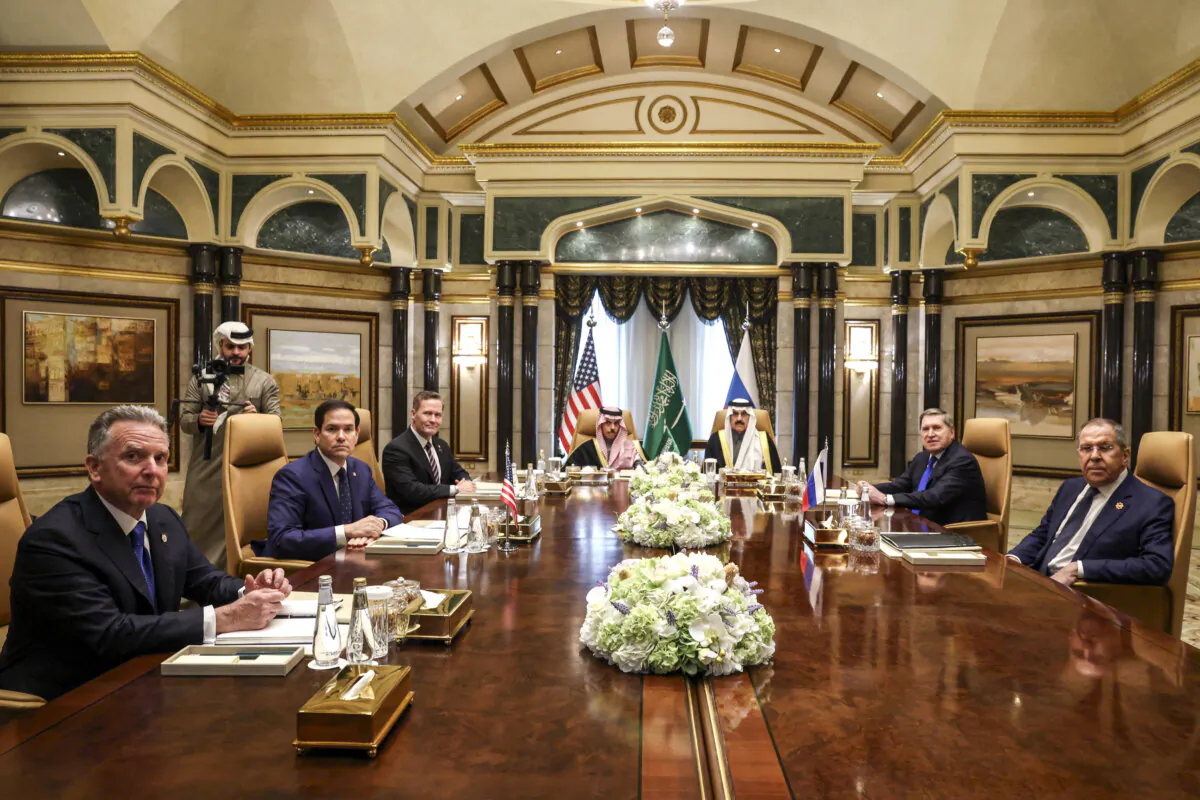 (L–R) U.S. Middle East envoy Steve Witkoff, Secretary of State Marco Rubio, national security advisor Mike Waltz, Saudi Arabia's Foreign Minister Prince Faisal bin Farhan al-Saud, national security advisor Mosaad bin Mohammad al-Aiban, Russian president's foreign policy advisor Yuri Ushakov, and Russia's Foreign Minister Sergei Lavrov attend a meeting together at Diriyah Palace in Riyadh, Saudi Arabia, on Feb. 18, 2025. (Evelyn Hockstein/Pool/AFP via Getty Images)