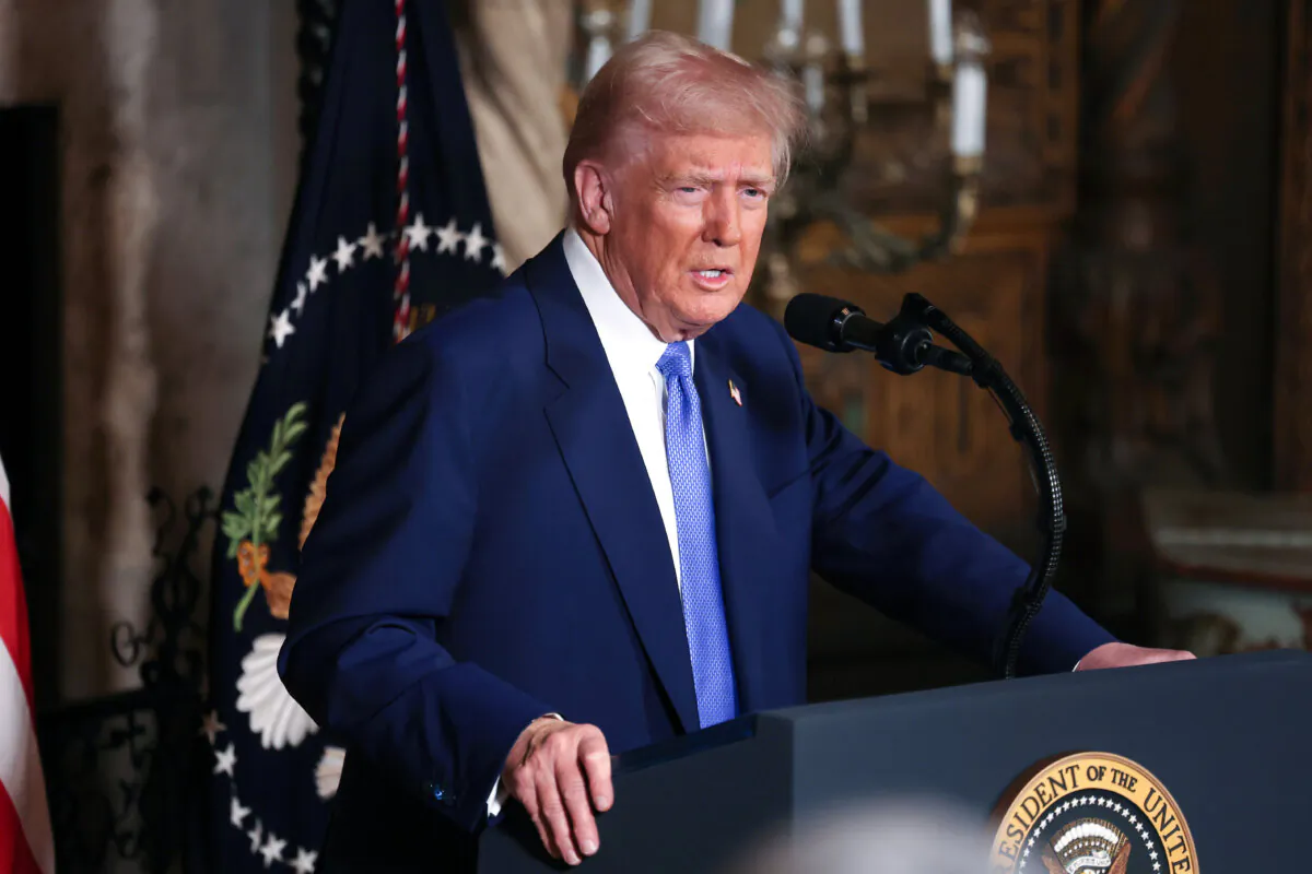 President Donald Trump delivers remarks at his Mar-a-Lago estate in Palm Beach, Fla., on Feb. 18, 2025. (Joe Raedle/Getty Images)