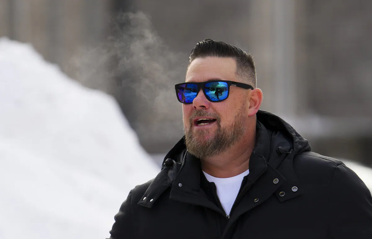 Pat King, one of the organizers of the 2022 convoy protest in Ottawa, arrives to the Ottawa Courthouse for sentencing on Feb. 19, 2025. (The Canadian Press/Sean Kilpatrick)