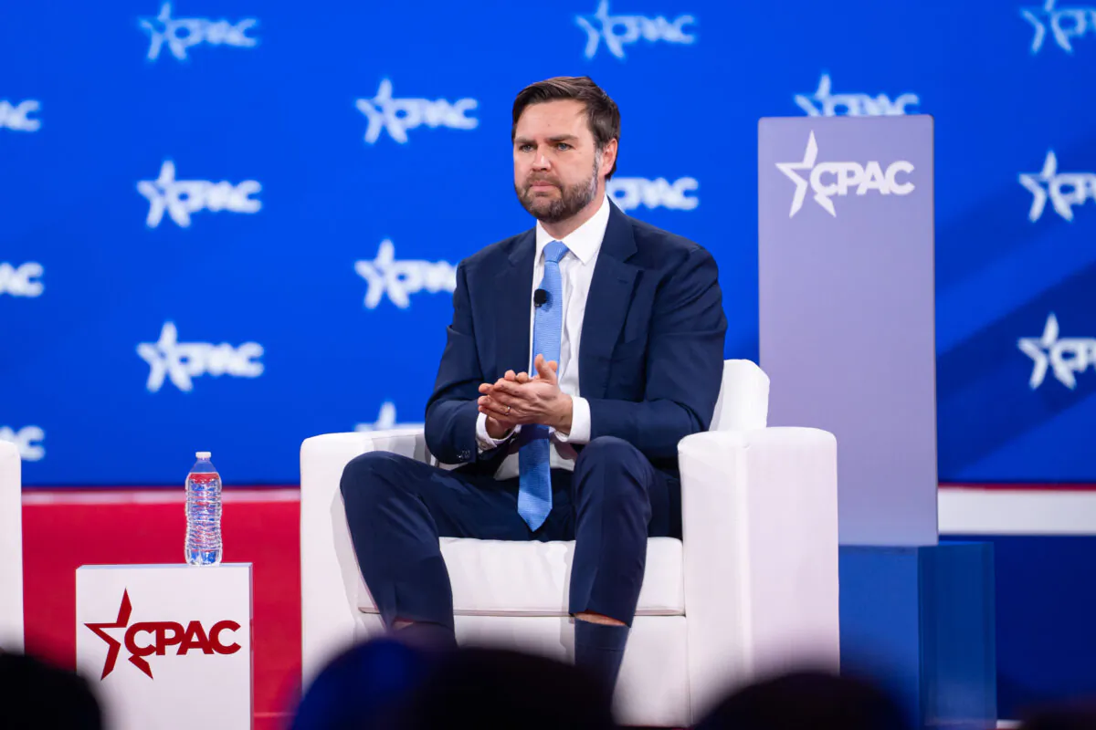 Vice President JD Vance speaks during CPAC in Oxon Hill, Md., on Feb. 20, 2025. (Madalina Vasiliu/The Epoch Times)