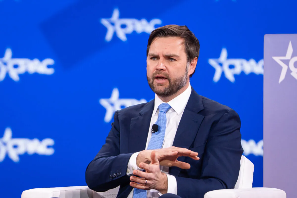 Vice President JD Vance speaks during CPAC in Oxon Hill, Md., on Feb. 20, 2025. (Madalina Vasiliu/The Epoch Times)