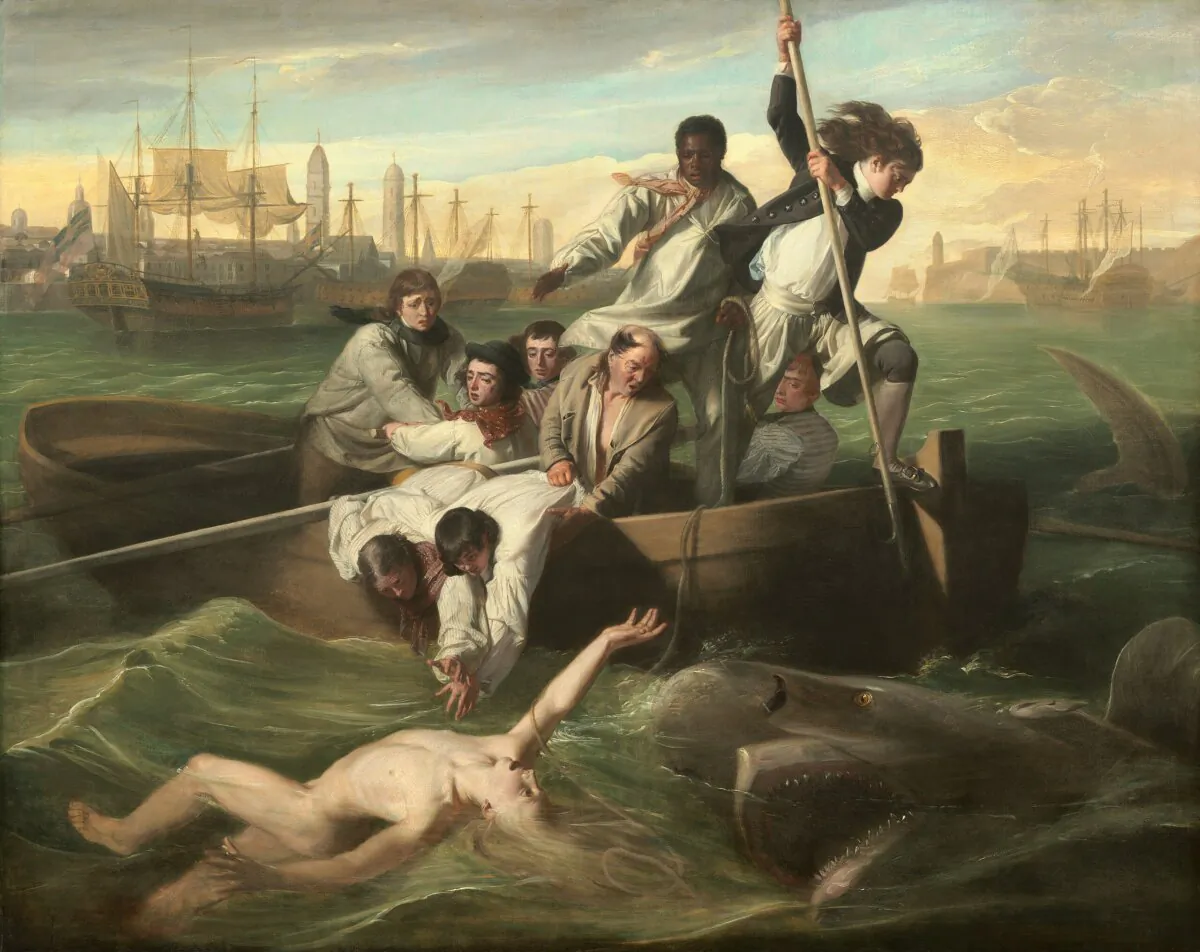 Oil painting “Watson and the Shark,” 1778, by John Singleton Copley. The National Gallery of Art, Washington. Depicts the rescue of a cabin boy from a shark attack. (Public Domain)