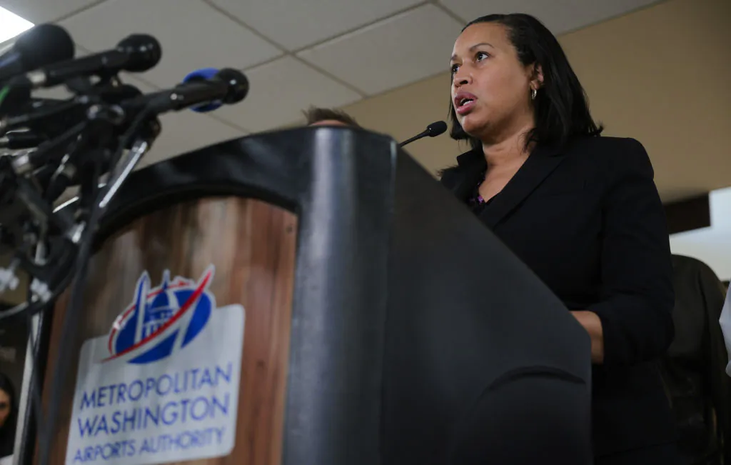 Washington, D.C. Mayor Muriel Bowser speaks during a press conference as emergency response units continue to search the crash site of the American Airlines plane on the Potomac River in Arlington, Va., on Jan. 30, 2025. (Kayla Bartkowski/Getty Images)