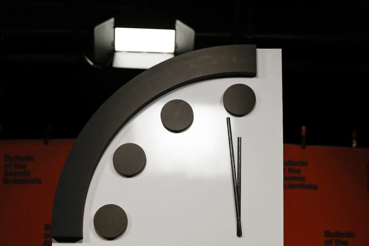 The 2023 Doomsday Clock is displayed before a live-streamed event with members of the Bulletin of the Atomic Scientists on Jan. 24, 2023. (Anna Moneymaker/Getty Images)