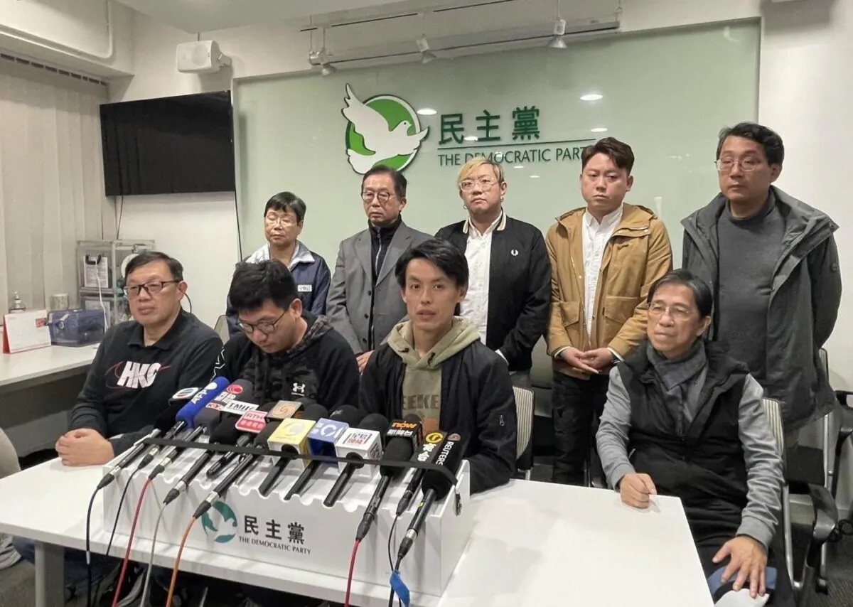 The Democratic Party of Hong Kong announces its intention to dissolve at a press conference on Feb. 20, 2025. (Cheuk Sheung-yu/The Epoch Times)