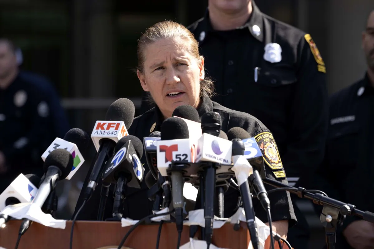 Los Angeles Fire Department Chief Kristin Crowley talks during a news conference at Harbor–UCLA Medical Center in the West Carson area of Los Angeles on Feb. 15, 2024. (Richard Vogel/AP Photo)