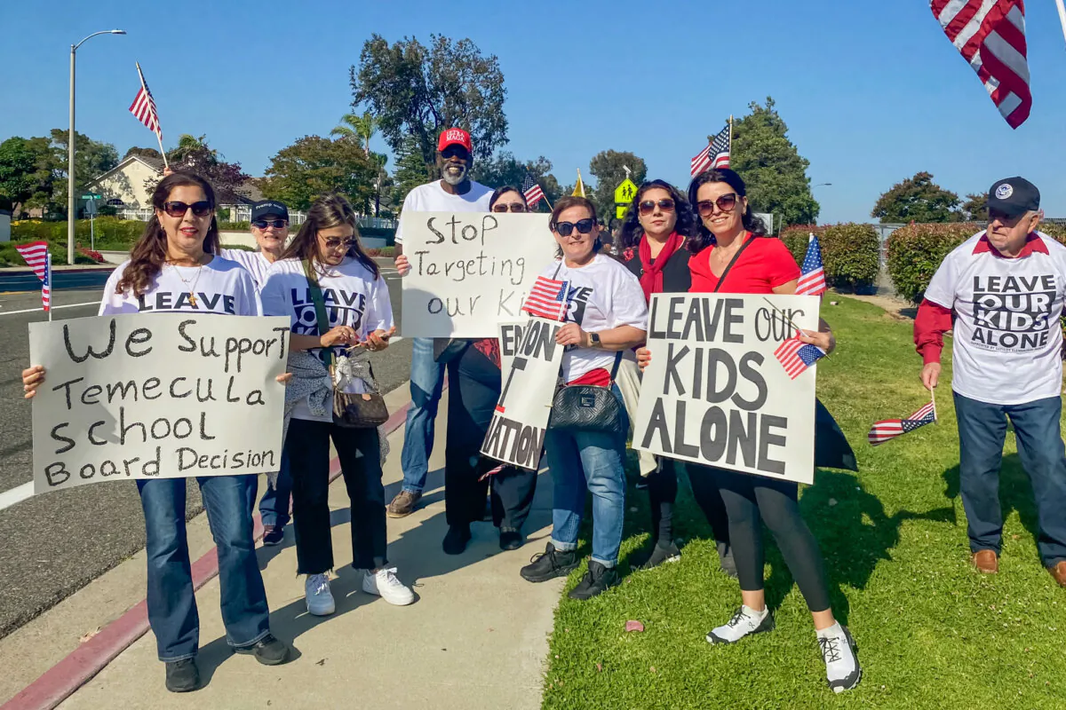 Parents in support of the Temecula Valley Unified school board's decision to terminate the district’s superintendent amid controversy surrounding critical race theory and other school curricula, attend a board meeting in Temecula, Calif., on June 13, 2023. (Micaela Ricaforte/The Epoch Times)