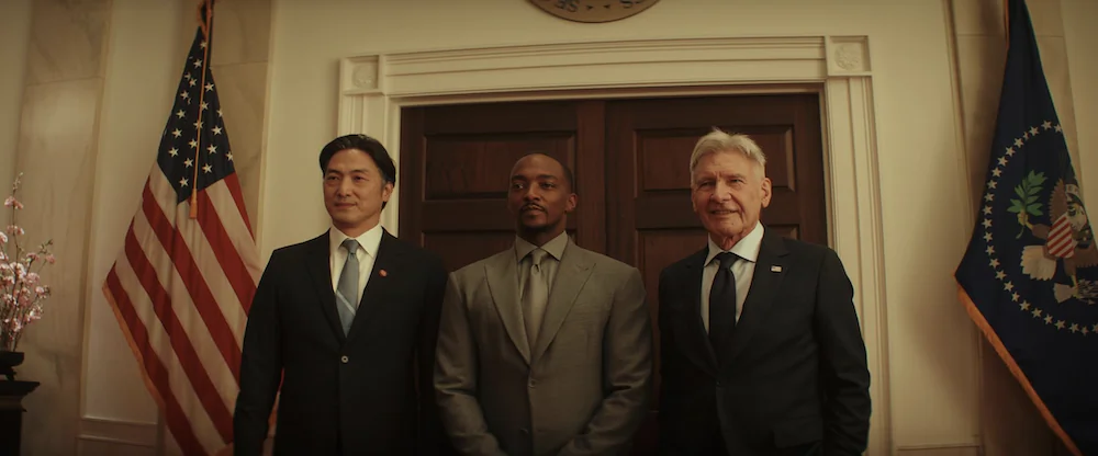 (L–R) Prime Minister Ozaki (Takehiro Hira), Captain America (Anthony Mackie), and President Thaddeus Ross (Harrison Ford) at the White House, in "Captain America: Brave New World." (Walt Disney Studios Motion Pictures)