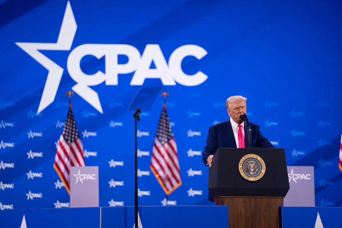 President Donald Trump speaks during the annual CPAC in Oxon Hill, Md., on Feb. 22, 2025. (Madalina Vasiliu/The Epoch Times)