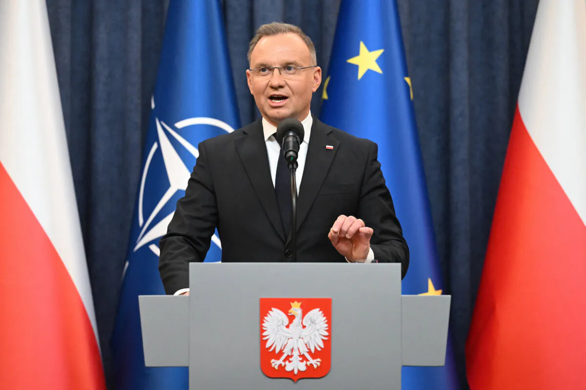 Poland's President Andrzej Duda addresses a press conference following his talks with the U.S. defense secretary at the Presidential Palace in Warsaw on Feb. 14, 2025. (Sergei Gapon/AFP via Getty Images)
