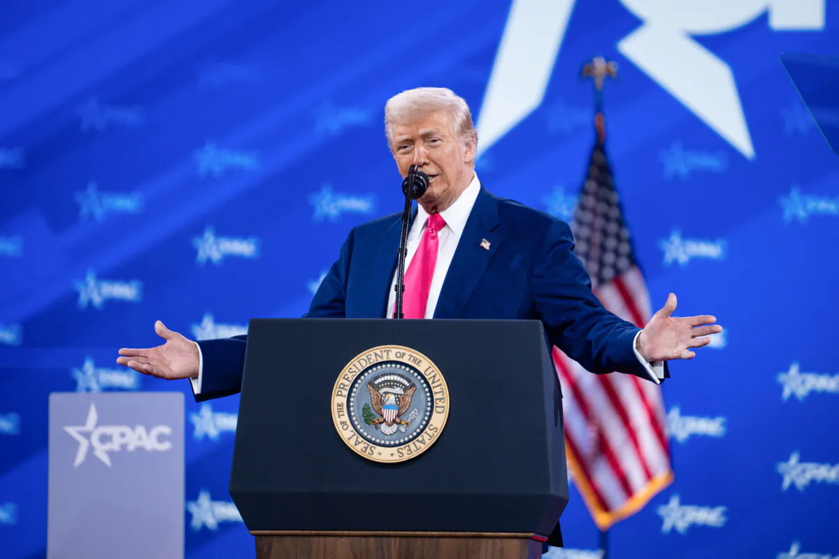 President Donald Trump speaks during the annual CPAC in Oxon Hill, Md., on Feb. 22, 2025. (Madalina Vasiliu/The Epoch Times)