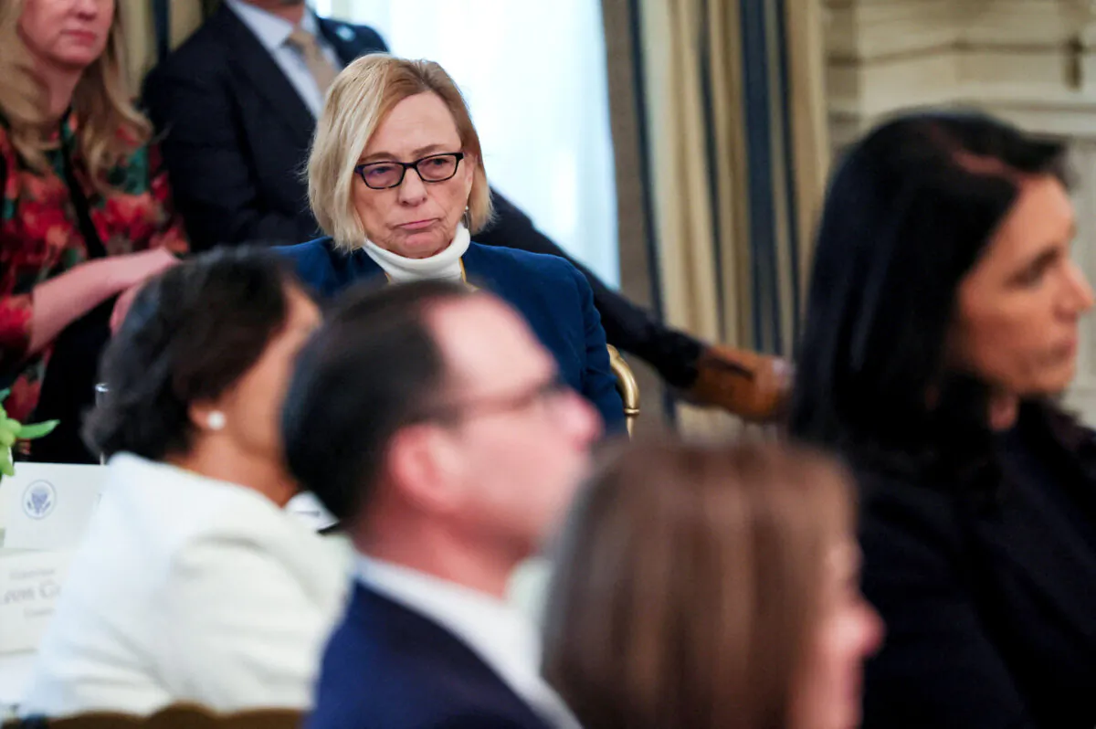 Maine Gov. Janet Mills listens as President Donald Trump hosts a business session at the National Governors Association's annual winter meeting, at the White House in Washington, on Feb. 21, 2025. (REUTERS/Leah Millis)