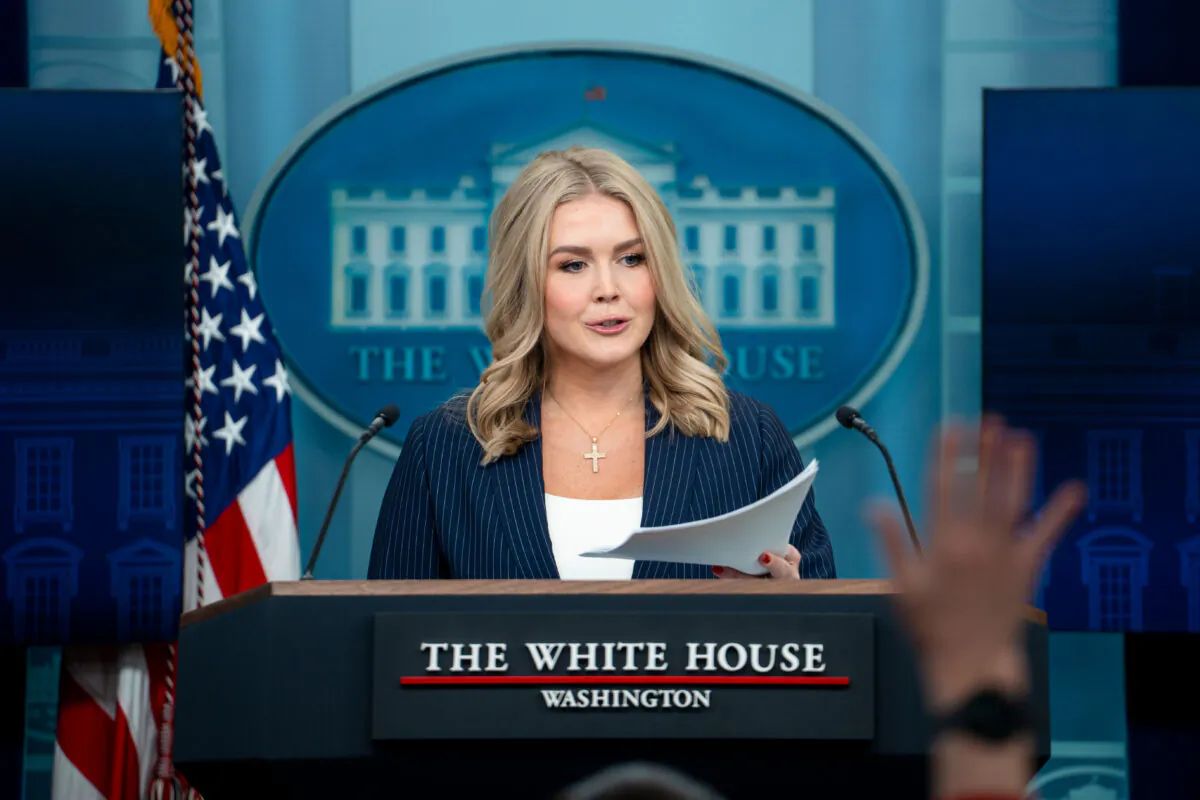 White House press secretary Karoline Leavitt speaks during a press briefing at the White House on Feb. 12, 2025. (Madalina Vasiliu/The Epoch Times)