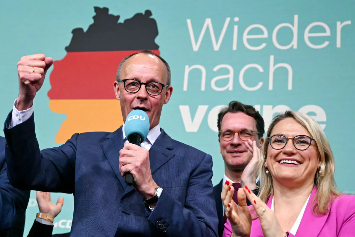 Friedrich Merz, leader of Germany's conservative Christian Democratic Union and his party's main candidate for chancellor, addresses supporters after the first exit polls in the German general elections were announced on TV, in Berlin on Feb. 23, 2025. (Ina Fassbender/AFP via Getty Images)