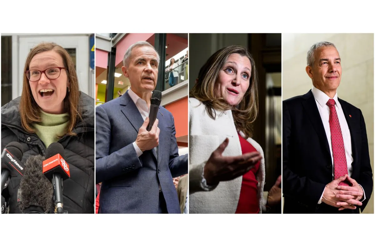 Liberal leadership contenders. (L-R): former Government House Leader Karina Gould; former Bank of Canada governor Mark Carney; former Deputy Prime Minister and Minister of Finance Chrystia Freeland; former Liberal MP Frank Baylis. (The Canadian Press/Frank Gunn; Ron Poling; Justin Tang)