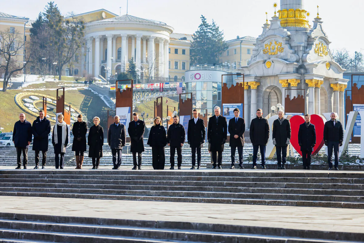 European leaders attend a ceremony at the memorial to the fallen Ukrainian soldiers on Independence Square in Kyiv, Ukraine, on Feb. 24, 2025. (Ukrainian Presidential Press Office via AP)
