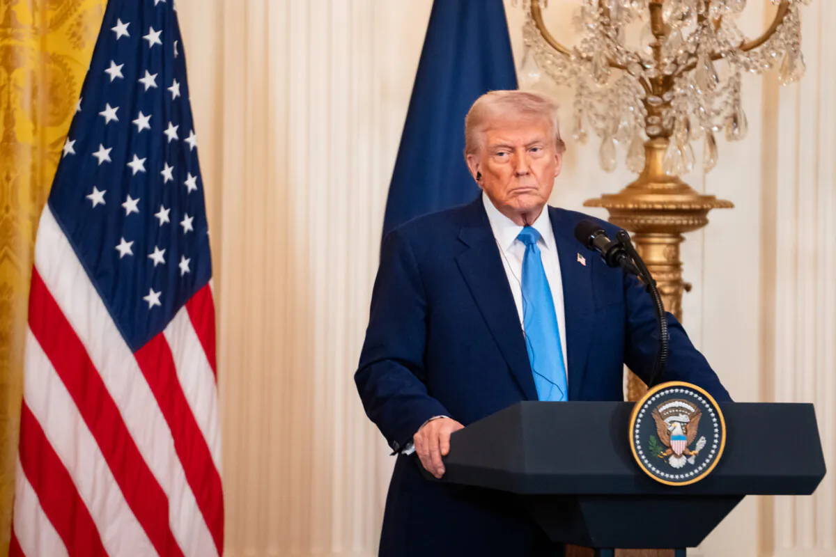 U.S. President Donald Trump speaks during a meeting with French President Emmanuel Macron at the White House in Washington on Feb. 24, 2025. (Madalina Vasiliu/The Epoch Times)