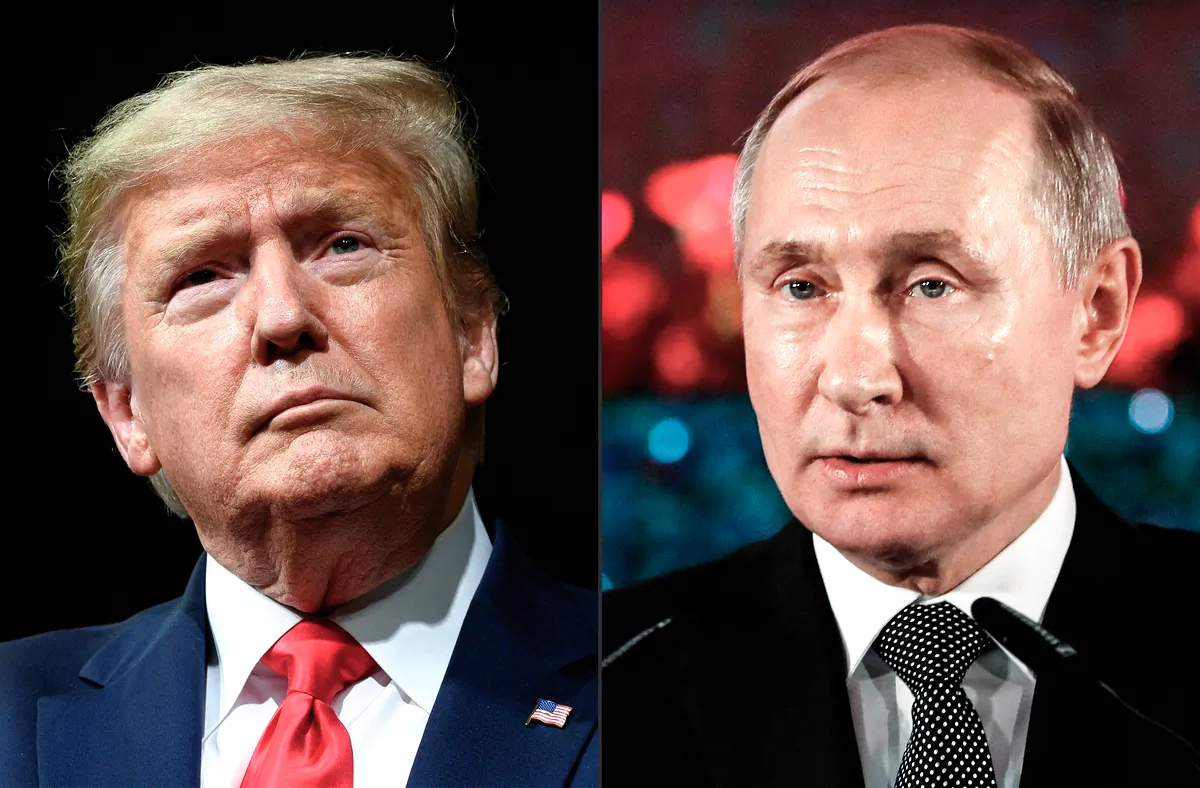 (Left) President Donald Trump delivers remarks at a Keep America Great rally in Phoenix on Feb. 19, 2020; (Right) Russian President Vladimir Putin delivers a speech during a ceremony in Jerusalem on Jan. 23, 2020. (Jim Watson and Emmanuel Dunand/AFP via Getty Images)