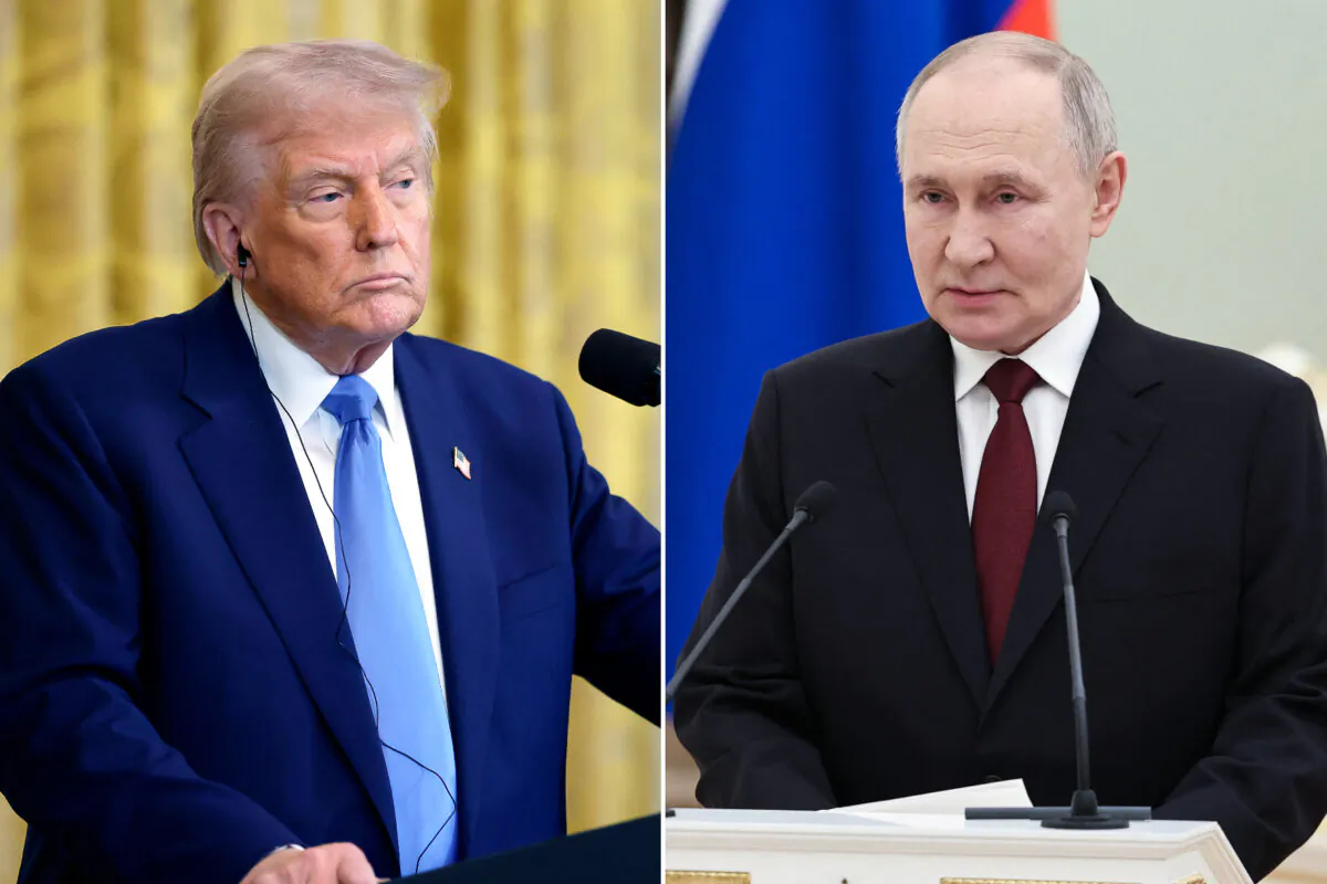 (Left) U.S. President Donald Trump in the East Room at the White House in Washington on Feb. 24, 2025; (Right) Russian President Vladimir Putin gives a speech at the Kremlin in Moscow on Feb. 23, 2025. (Chip Somodevilla/Getty Images; Alexander Kazakov/Pool/AFP via Getty Images)