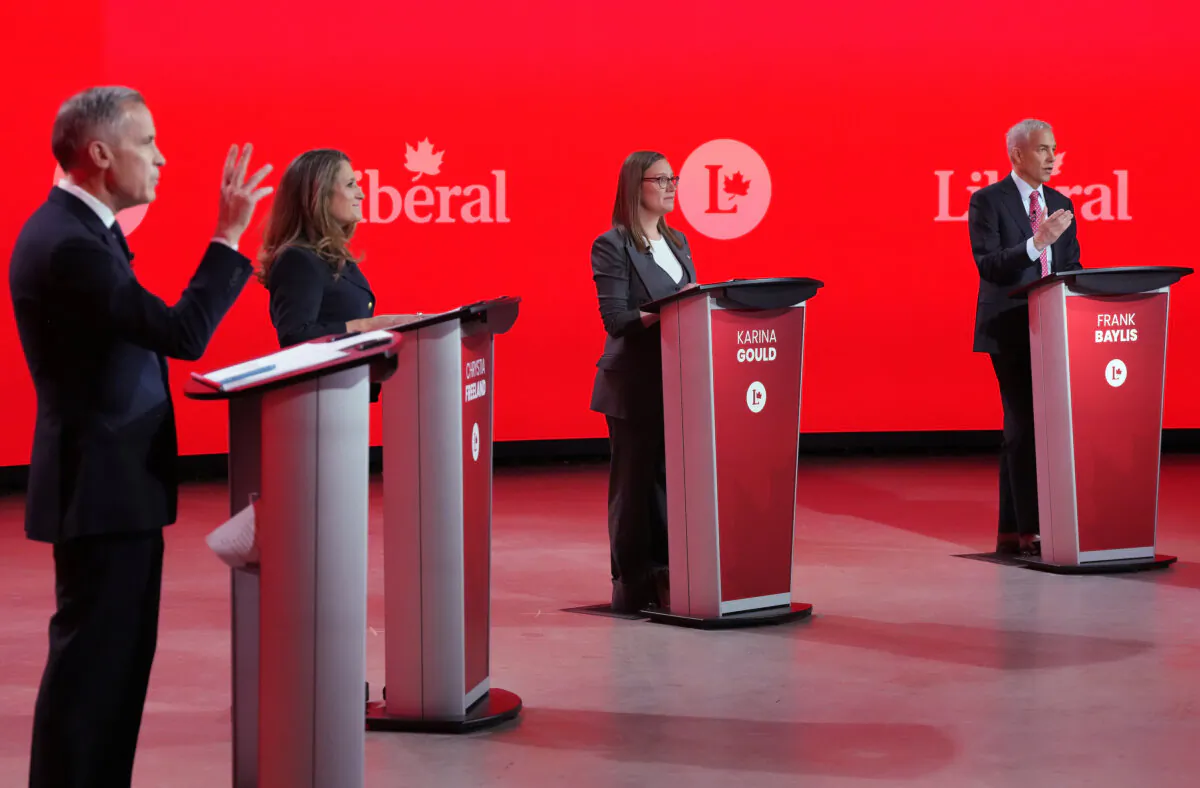 Liberal Party of Canada leadership candidates Mark Carney, left to right, Chrystia Freeland, Karina Gould and Frank Baylis take part in the French-language Liberal Leadership debate in Montreal on Feb. 24, 2025. The Federal Liberals will pick a new leader on March 9. (Christinne Muschi/The Canadian Press)
