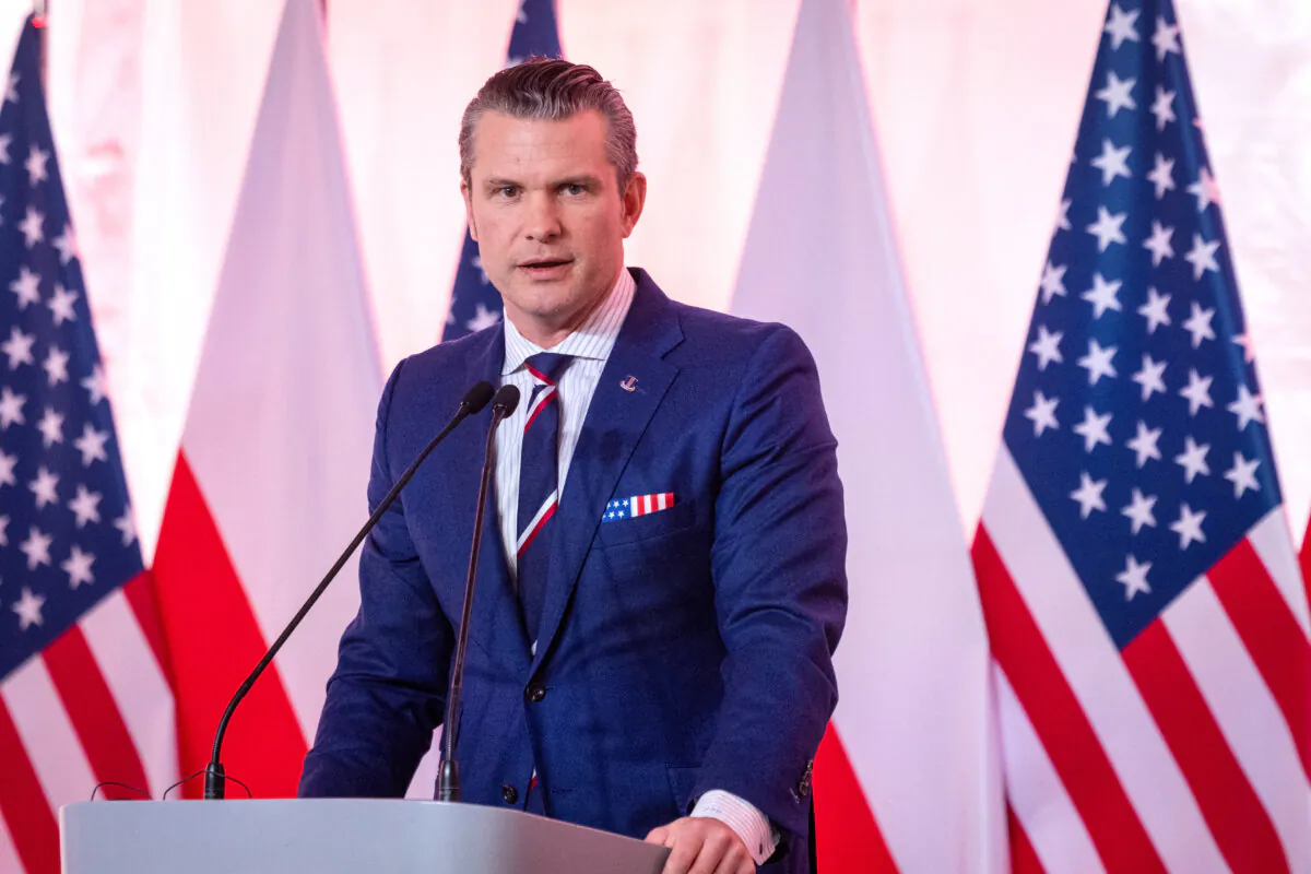 U.S. Defense Secretary Pete Hegseth speaks during join press conference with his Polish counterpart after their meeting at the Ministry of Defense headquarters in Warsaw on Feb. 14, 2025. (Wojtek Radwanski/AFP via Getty Images)