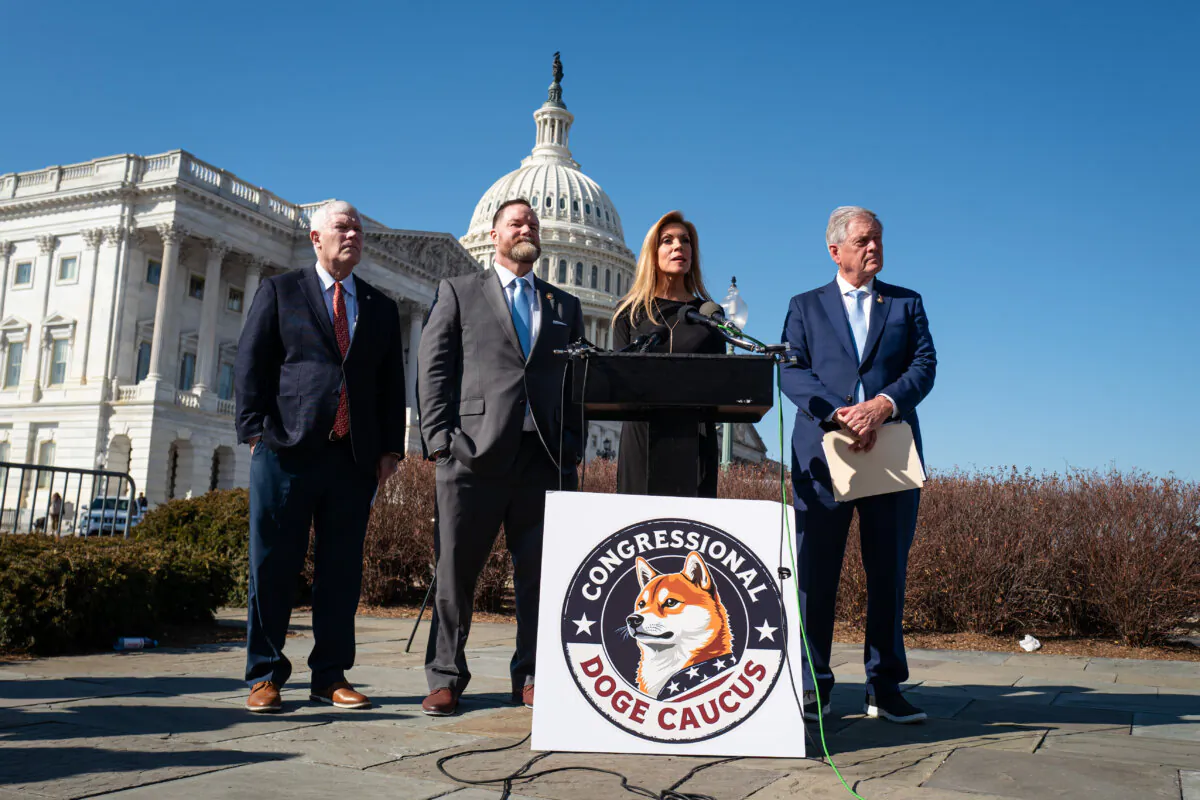 Members of the House's Department of Government Efficiency Caucus, Rep. Pete Sessions (R-Texas), Rep. Aaron Bean (R-Fla.), Rep. Aaron Bean (R-Fla.), Rep. Beth Van Duyne (R-Texas), and Rep. Ralph Norman (R-S.C.), on Capitol Hill in Washington on Feb. 25, 2025. (Madalina Vasiliu/The Epoch Times)