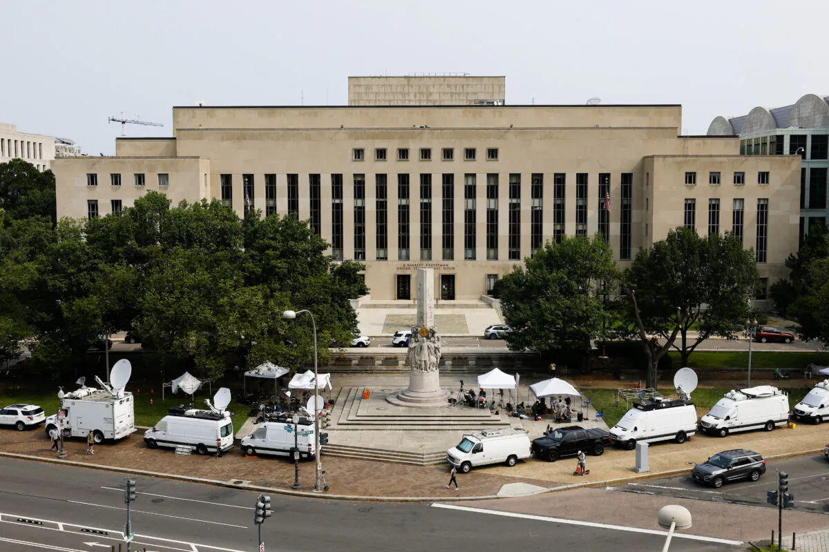 Media tents and television satellite trucks sit parked outside of the E. Barrett Prettyman U.S. District Court House in Washington, D.C., on Aug. 1, 2023. (Anna Moneymaker/Getty Images)