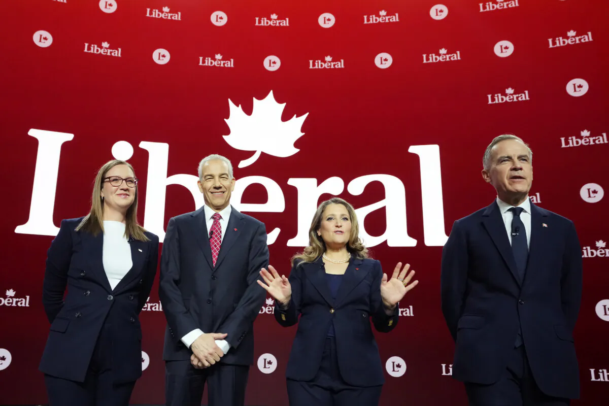 Liberal Party of Canada leadership candidates (L–R) Karina Gould, Frank Baylis, Chrystia Freeland, and Mark Carney pose prior to the English-language debate in Montreal on Feb. 25, 2025. (The Canadian Press/Christinne Muschi)