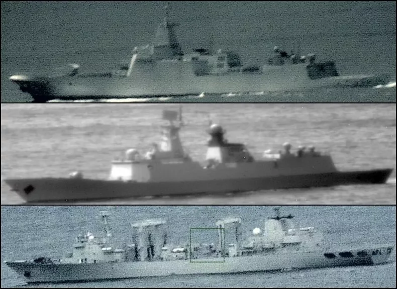 Chinese destroyer CNS Zunyi, top, frigate CNS Hengyang, middle, and replenishment ship CNS Weishanhu, bottom, transit the Tasman Sea near Australia on Feb. 22, 2025. (Courtesy of the Australian Defence Department)