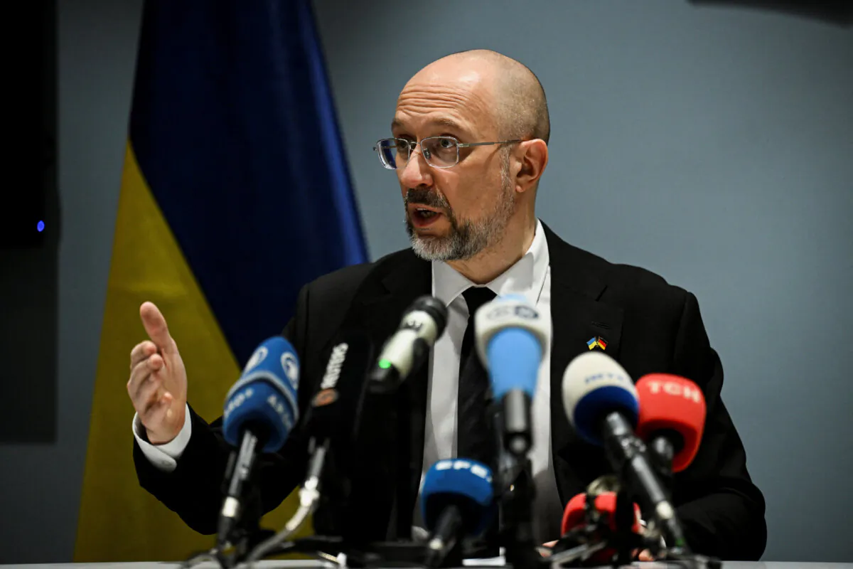 Ukrainian Prime Minister Denys Shmyhal holds a press conference at the German-Ukrainian economic forum in Berlin on Dec. 11, 2024. (Annegret Hilse/Reuters) 
