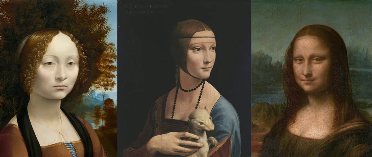 A detail of Leonardo da Vinci's paintings (L–R) "Ginevra de' Benci, "Lady With an Ermine," and "Mona Lisa." (Public Domain) 