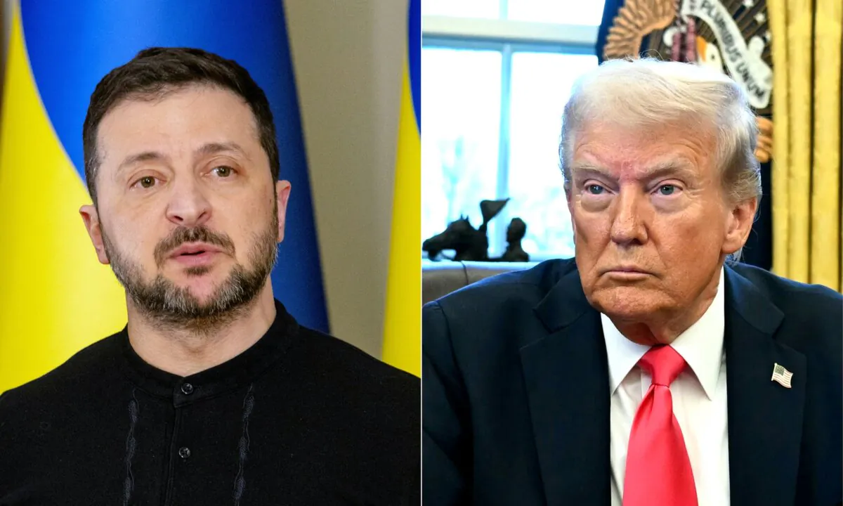 (Left) Ukrainian President Volodymyr Zelenskyy on Feb. 12, 2025. (Right) U.S. President Donald Trump on Feb. 25, 2025. (Tetiana Dzhafarova and Jim Watson/AFP via Getty Images)
