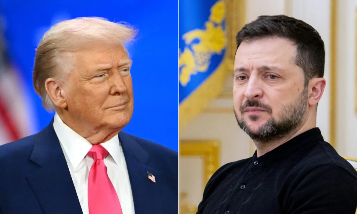 (Left) U.S. President Donald Trump on Feb. 22, 2025. (Right) Ukraine's President Volodymyr Zelenskyy on Feb. 12, 2025. (Alex Wroblewski and Tetiana Dzhararova/AFP via Getty Images)