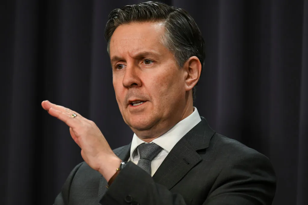 Australian Minister for Health and Aged Care Mark Butler addresses the media at Parliament House in Canberra, Australia on March 30, 2023. (Martin Ollman/Getty Images)