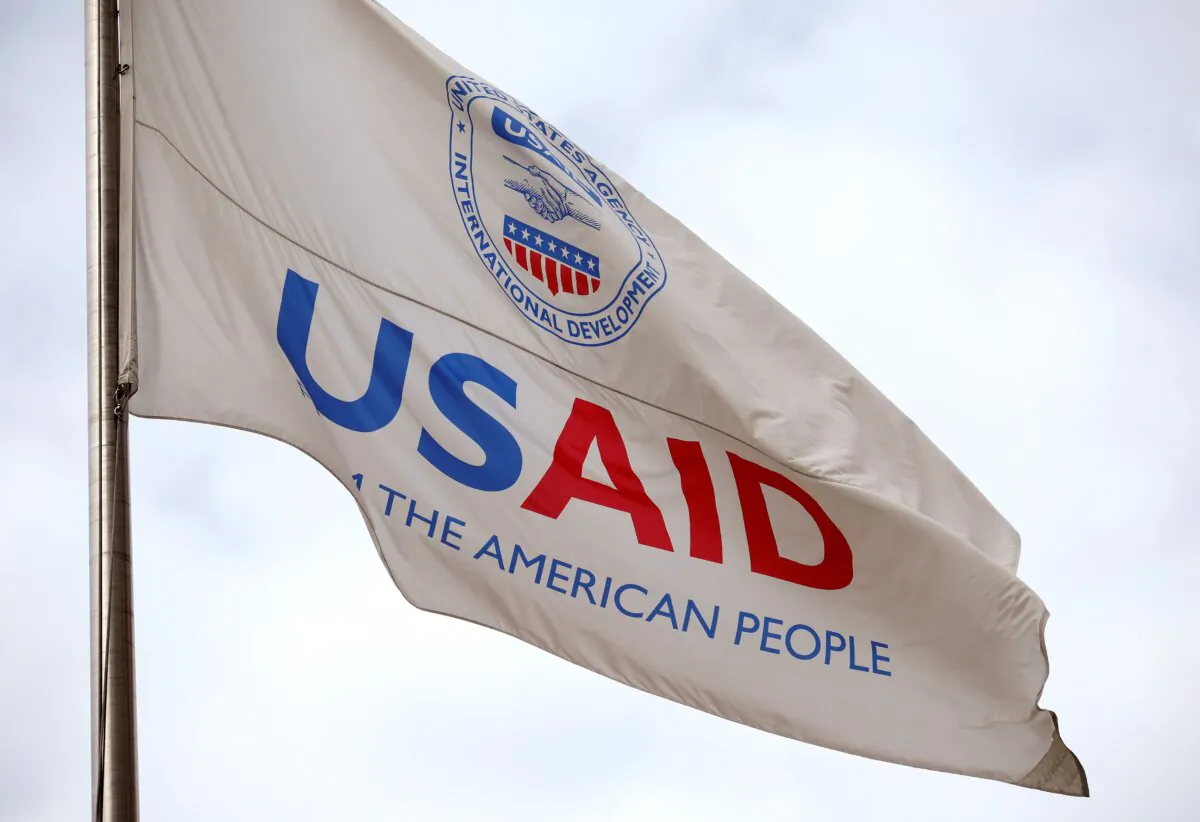 A flag flies outside the headquarters of the U.S. Agency for International Development (USAID) in Washington on Feb. 3, 2025. (Kevin Dietsch/Getty Images)